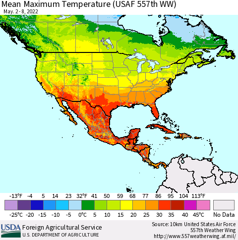 North America Mean Maximum Temperature (USAF 557th WW) Thematic Map For 5/2/2022 - 5/8/2022