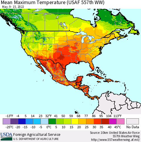 North America Mean Maximum Temperature (USAF 557th WW) Thematic Map For 5/9/2022 - 5/15/2022