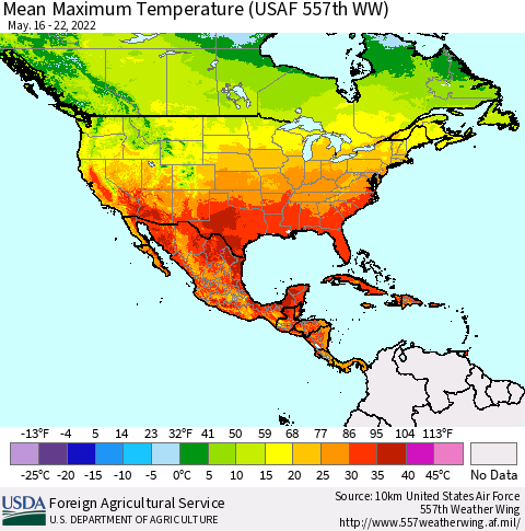 North America Mean Maximum Temperature (USAF 557th WW) Thematic Map For 5/16/2022 - 5/22/2022