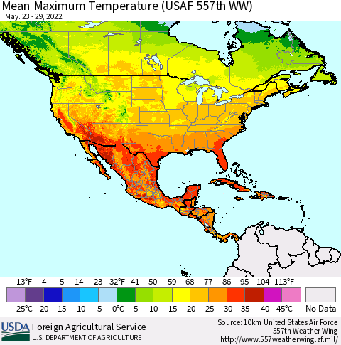North America Mean Maximum Temperature (USAF 557th WW) Thematic Map For 5/23/2022 - 5/29/2022