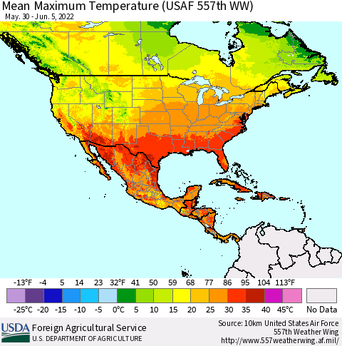 North America Mean Maximum Temperature (USAF 557th WW) Thematic Map For 5/30/2022 - 6/5/2022