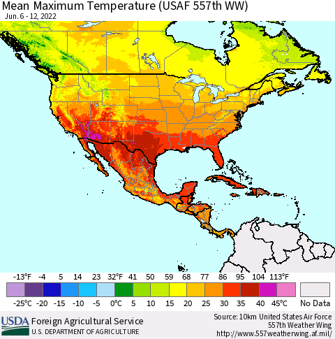 North America Mean Maximum Temperature (USAF 557th WW) Thematic Map For 6/6/2022 - 6/12/2022