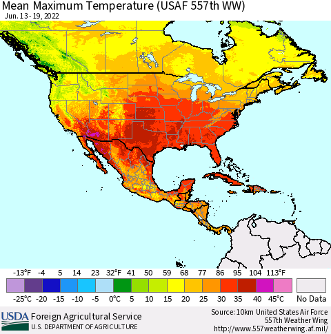 North America Mean Maximum Temperature (USAF 557th WW) Thematic Map For 6/13/2022 - 6/19/2022