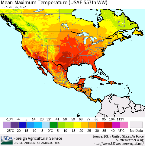 North America Mean Maximum Temperature (USAF 557th WW) Thematic Map For 6/20/2022 - 6/26/2022