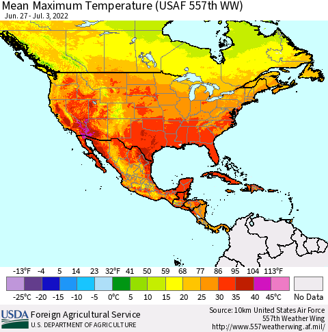 North America Mean Maximum Temperature (USAF 557th WW) Thematic Map For 6/27/2022 - 7/3/2022