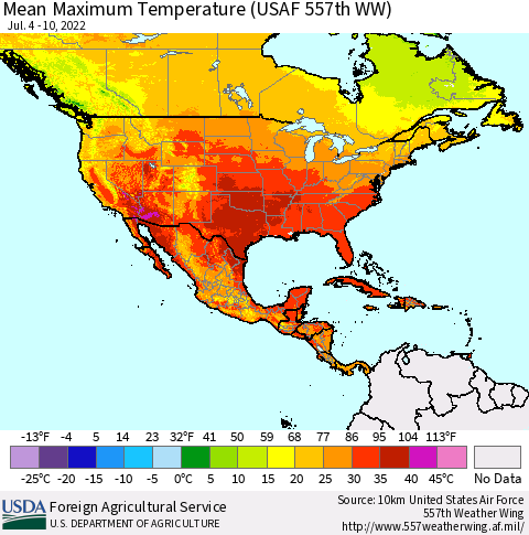 North America Mean Maximum Temperature (USAF 557th WW) Thematic Map For 7/4/2022 - 7/10/2022