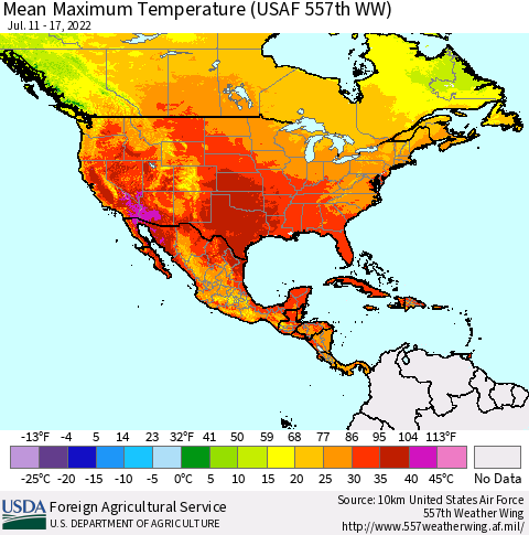 North America Mean Maximum Temperature (USAF 557th WW) Thematic Map For 7/11/2022 - 7/17/2022