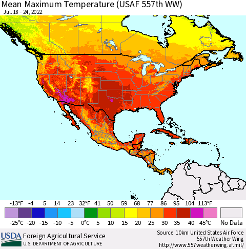 North America Mean Maximum Temperature (USAF 557th WW) Thematic Map For 7/18/2022 - 7/24/2022