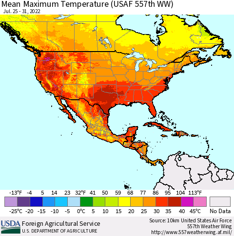 North America Mean Maximum Temperature (USAF 557th WW) Thematic Map For 7/25/2022 - 7/31/2022