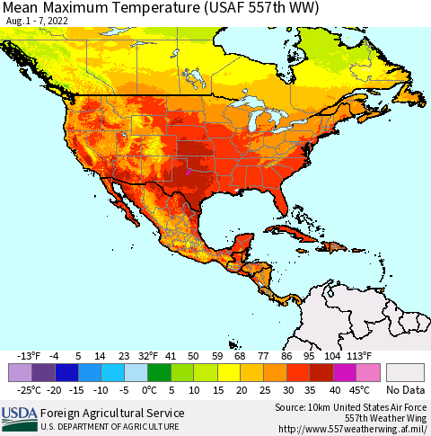 North America Mean Maximum Temperature (USAF 557th WW) Thematic Map For 8/1/2022 - 8/7/2022