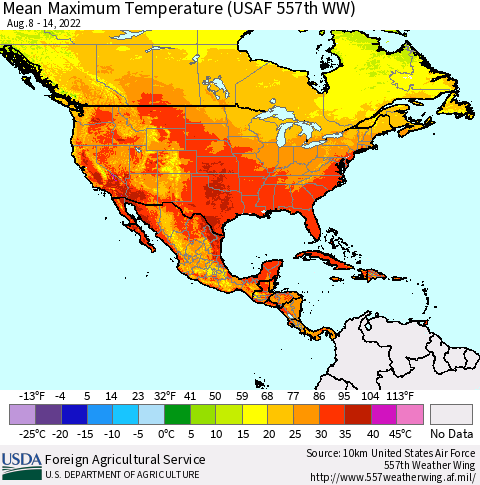 North America Mean Maximum Temperature (USAF 557th WW) Thematic Map For 8/8/2022 - 8/14/2022