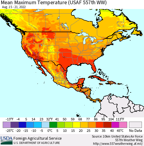 North America Mean Maximum Temperature (USAF 557th WW) Thematic Map For 8/15/2022 - 8/21/2022