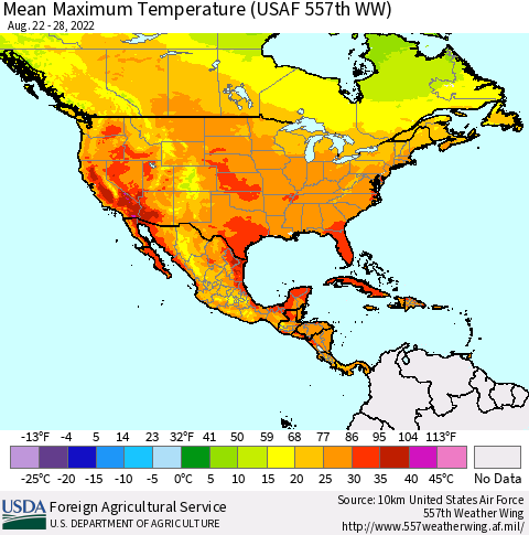 North America Mean Maximum Temperature (USAF 557th WW) Thematic Map For 8/22/2022 - 8/28/2022
