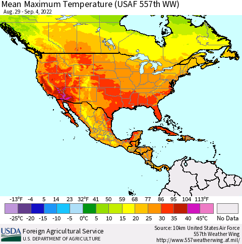 North America Mean Maximum Temperature (USAF 557th WW) Thematic Map For 8/29/2022 - 9/4/2022