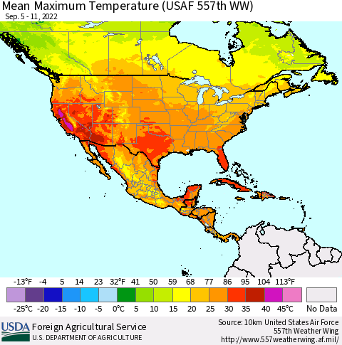 North America Mean Maximum Temperature (USAF 557th WW) Thematic Map For 9/5/2022 - 9/11/2022