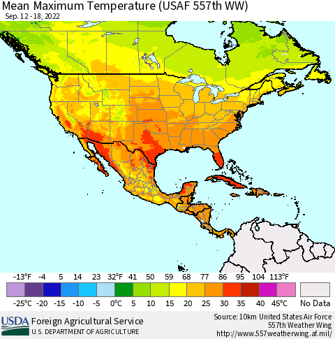North America Mean Maximum Temperature (USAF 557th WW) Thematic Map For 9/12/2022 - 9/18/2022