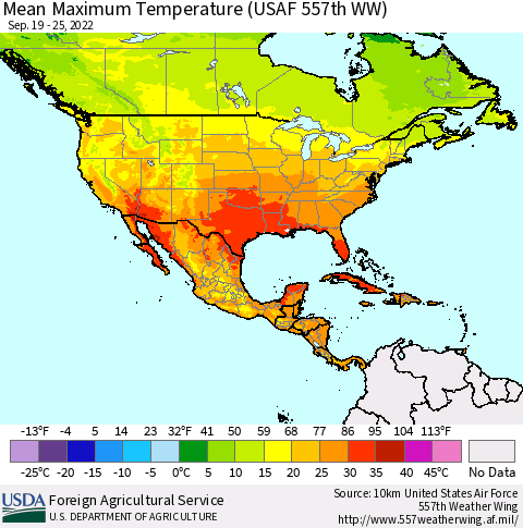North America Mean Maximum Temperature (USAF 557th WW) Thematic Map For 9/19/2022 - 9/25/2022