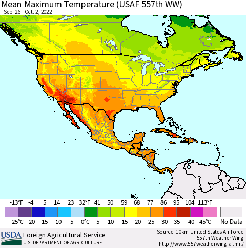 North America Mean Maximum Temperature (USAF 557th WW) Thematic Map For 9/26/2022 - 10/2/2022