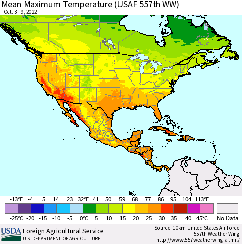 North America Mean Maximum Temperature (USAF 557th WW) Thematic Map For 10/3/2022 - 10/9/2022