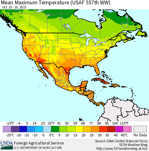 North America Mean Maximum Temperature (USAF 557th WW) Thematic Map For 10/10/2022 - 10/16/2022