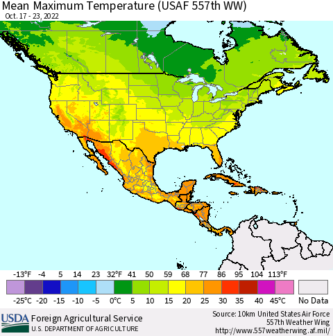 North America Mean Maximum Temperature (USAF 557th WW) Thematic Map For 10/17/2022 - 10/23/2022