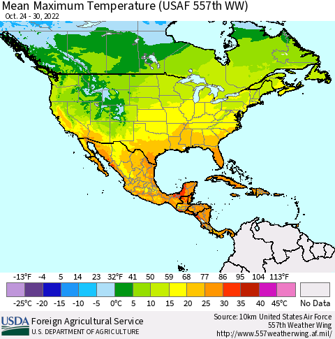 North America Mean Maximum Temperature (USAF 557th WW) Thematic Map For 10/24/2022 - 10/30/2022