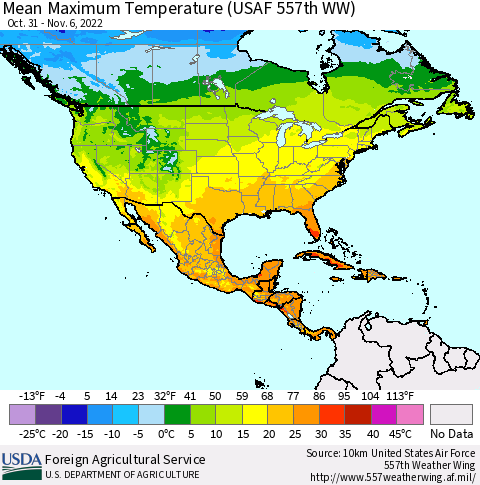 North America Mean Maximum Temperature (USAF 557th WW) Thematic Map For 10/31/2022 - 11/6/2022