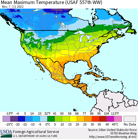 North America Mean Maximum Temperature (USAF 557th WW) Thematic Map For 11/7/2022 - 11/13/2022