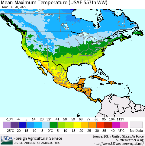 North America Mean Maximum Temperature (USAF 557th WW) Thematic Map For 11/14/2022 - 11/20/2022