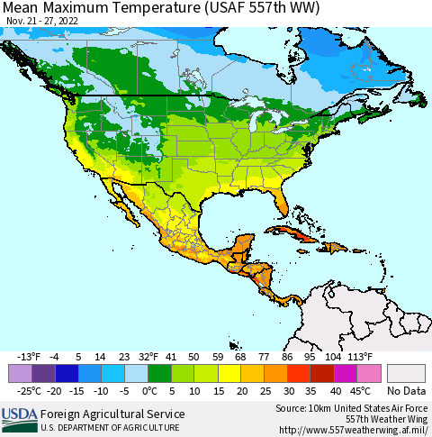 North America Mean Maximum Temperature (USAF 557th WW) Thematic Map For 11/21/2022 - 11/27/2022