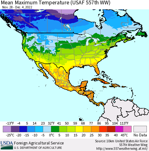 North America Mean Maximum Temperature (USAF 557th WW) Thematic Map For 11/28/2022 - 12/4/2022