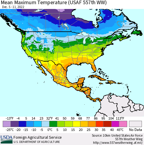 North America Mean Maximum Temperature (USAF 557th WW) Thematic Map For 12/5/2022 - 12/11/2022