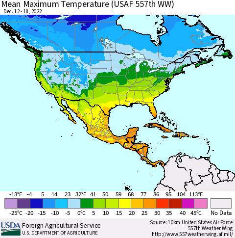 North America Mean Maximum Temperature (USAF 557th WW) Thematic Map For 12/12/2022 - 12/18/2022