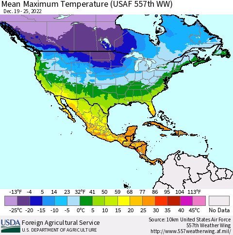North America Mean Maximum Temperature (USAF 557th WW) Thematic Map For 12/19/2022 - 12/25/2022