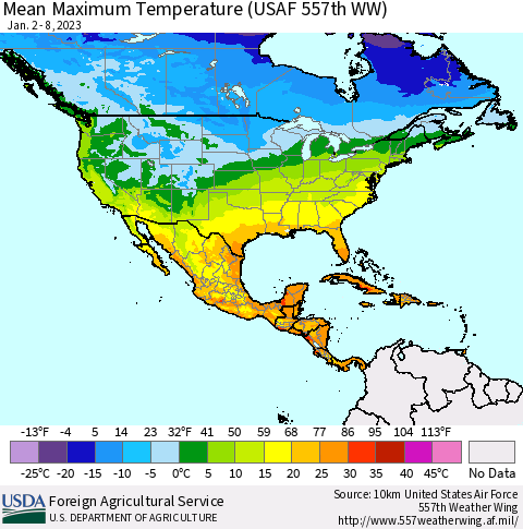 North America Mean Maximum Temperature (USAF 557th WW) Thematic Map For 1/2/2023 - 1/8/2023
