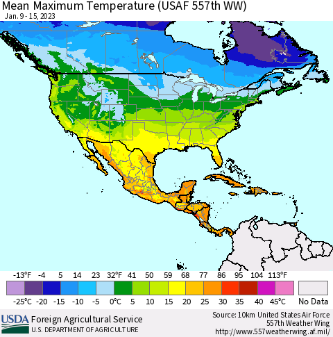 North America Mean Maximum Temperature (USAF 557th WW) Thematic Map For 1/9/2023 - 1/15/2023