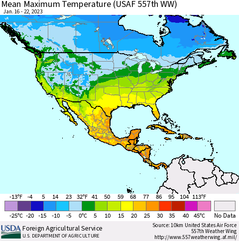 North America Mean Maximum Temperature (USAF 557th WW) Thematic Map For 1/16/2023 - 1/22/2023