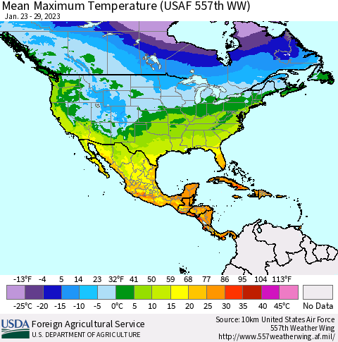 North America Mean Maximum Temperature (USAF 557th WW) Thematic Map For 1/23/2023 - 1/29/2023