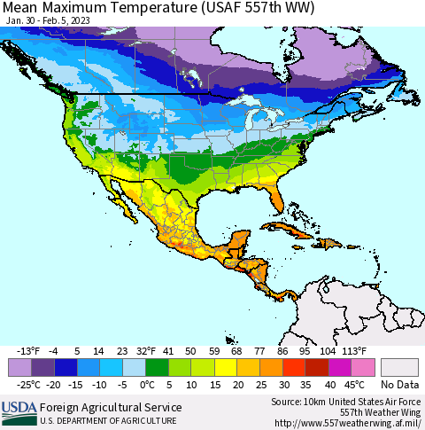 North America Mean Maximum Temperature (USAF 557th WW) Thematic Map For 1/30/2023 - 2/5/2023