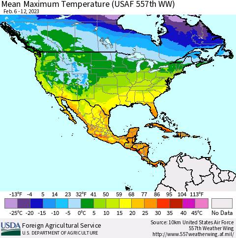 North America Mean Maximum Temperature (USAF 557th WW) Thematic Map For 2/6/2023 - 2/12/2023