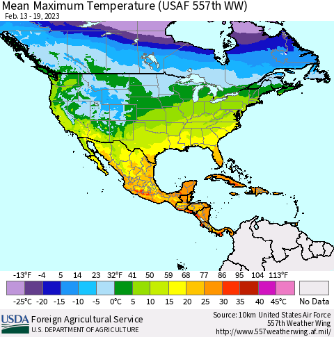 North America Mean Maximum Temperature (USAF 557th WW) Thematic Map For 2/13/2023 - 2/19/2023