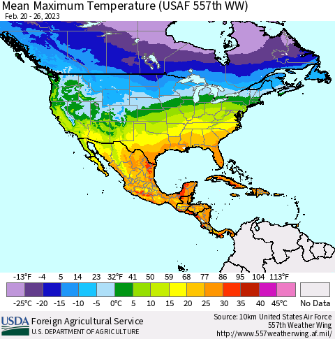 North America Mean Maximum Temperature (USAF 557th WW) Thematic Map For 2/20/2023 - 2/26/2023