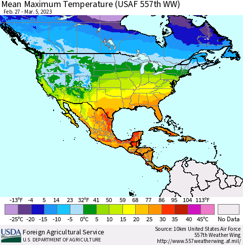 North America Mean Maximum Temperature (USAF 557th WW) Thematic Map For 2/27/2023 - 3/5/2023