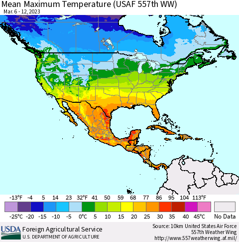 North America Mean Maximum Temperature (USAF 557th WW) Thematic Map For 3/6/2023 - 3/12/2023