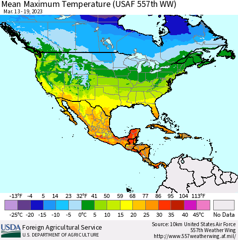North America Mean Maximum Temperature (USAF 557th WW) Thematic Map For 3/13/2023 - 3/19/2023