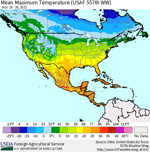North America Mean Maximum Temperature (USAF 557th WW) Thematic Map For 3/20/2023 - 3/26/2023