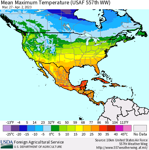 North America Mean Maximum Temperature (USAF 557th WW) Thematic Map For 3/27/2023 - 4/2/2023