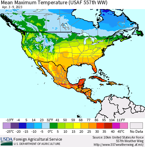 North America Mean Maximum Temperature (USAF 557th WW) Thematic Map For 4/3/2023 - 4/9/2023