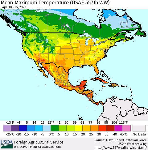 North America Mean Maximum Temperature (USAF 557th WW) Thematic Map For 4/10/2023 - 4/16/2023