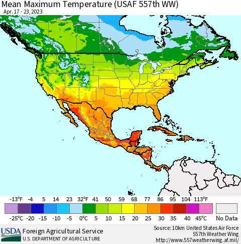 North America Mean Maximum Temperature (USAF 557th WW) Thematic Map For 4/17/2023 - 4/23/2023